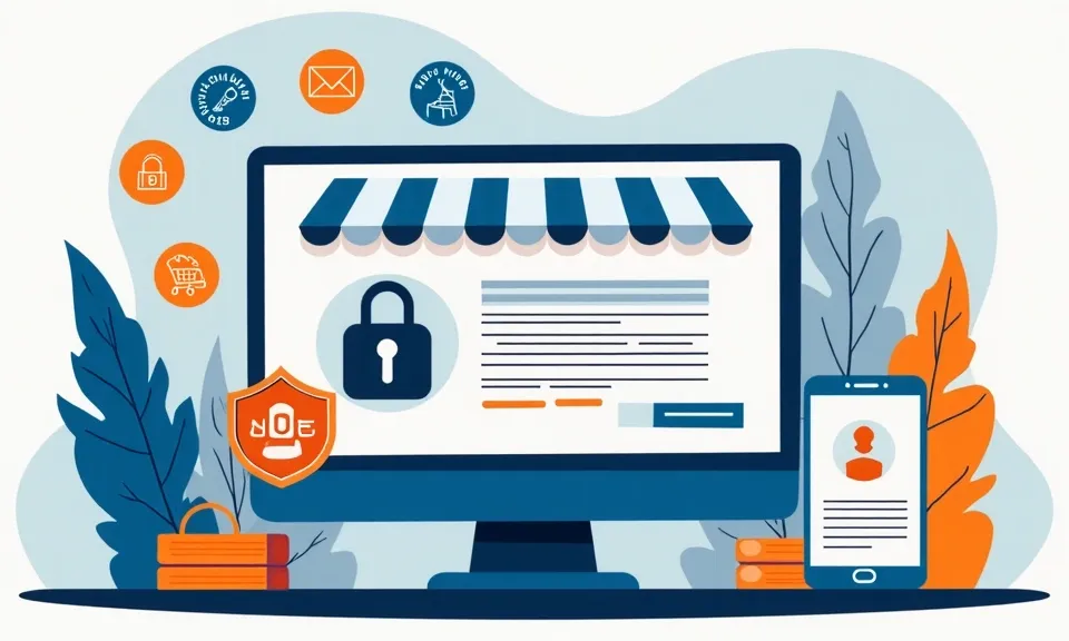 sklep internetowy, bezpieczeństwo, zaufanie, e-commerce, certyfikat SSL, symbol zabezpieczeń, komputer, urządzenie mobilne, i